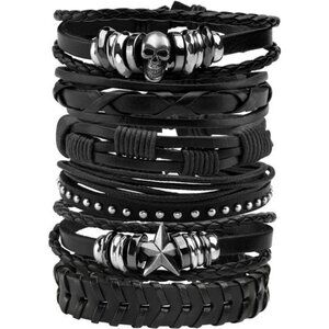 Punk Leather Bracelet Set Mens Womens Skull Braided Cuff Wristbands 6 Pack